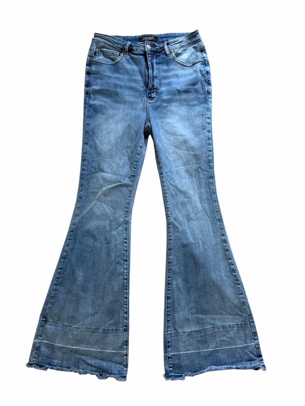 Judy Blue High Waist Tummy Control Flare Jeans 11/30 Blue Stretch Denim Raw Hem